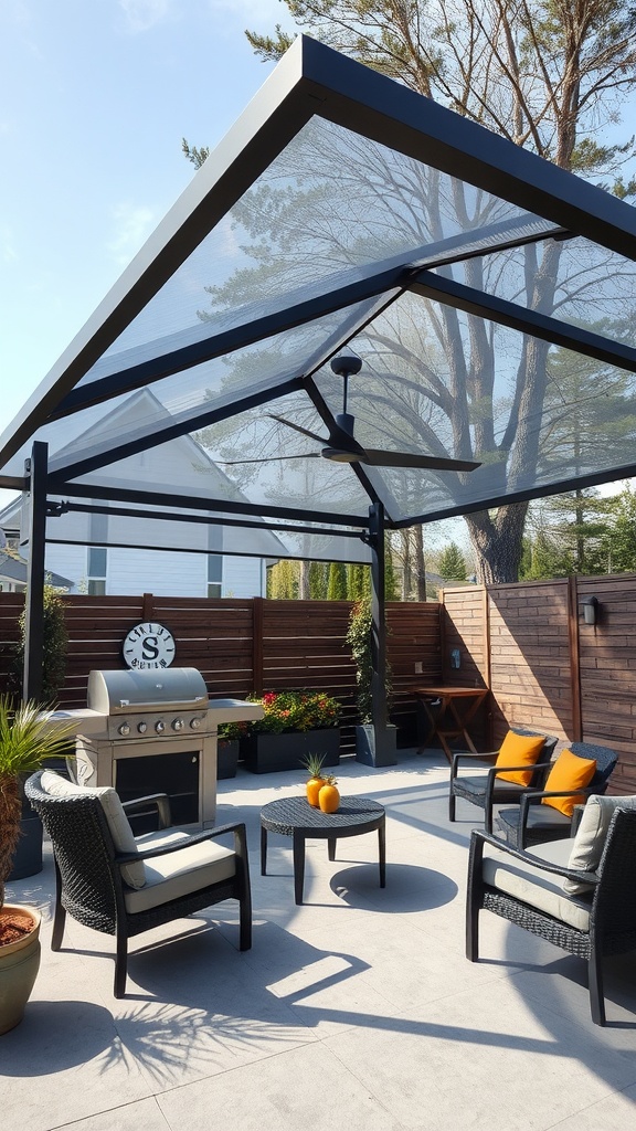 A modern outdoor canopy with side walls featuring a grill, seating area, and decorative elements.