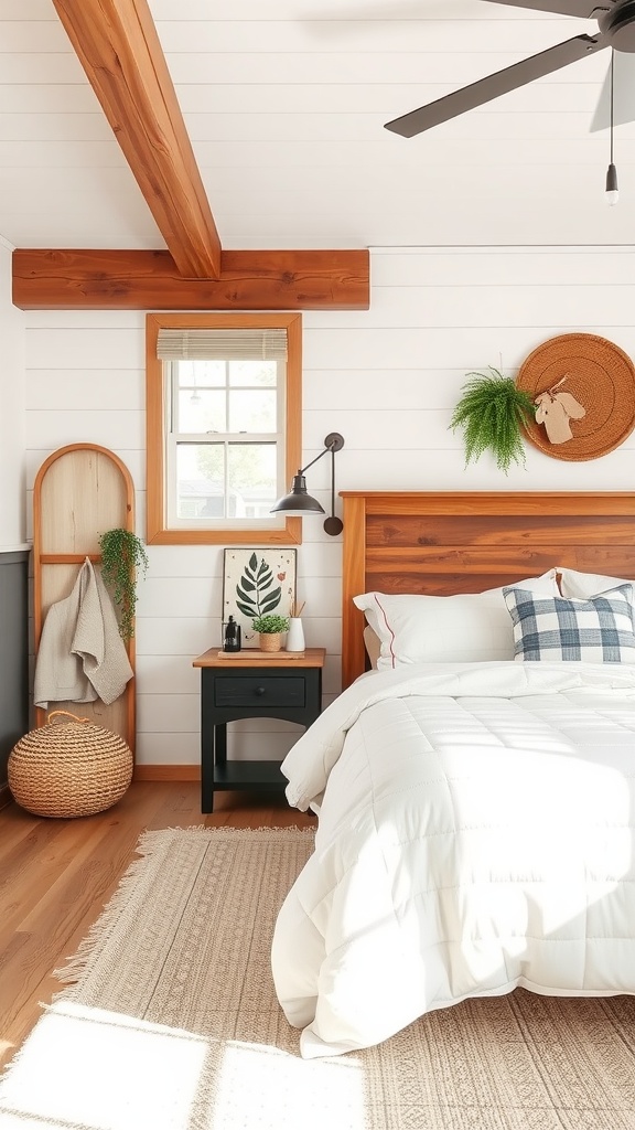 Cozy bedroom with wooden beams, white walls, and modern farmhouse decor