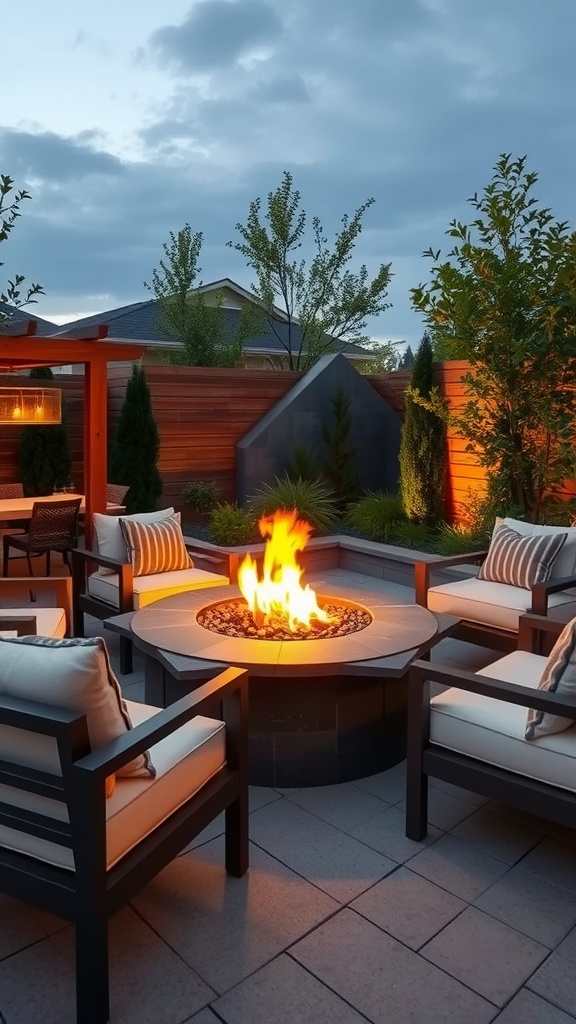 Modern seating arrangement with fire pit and chairs