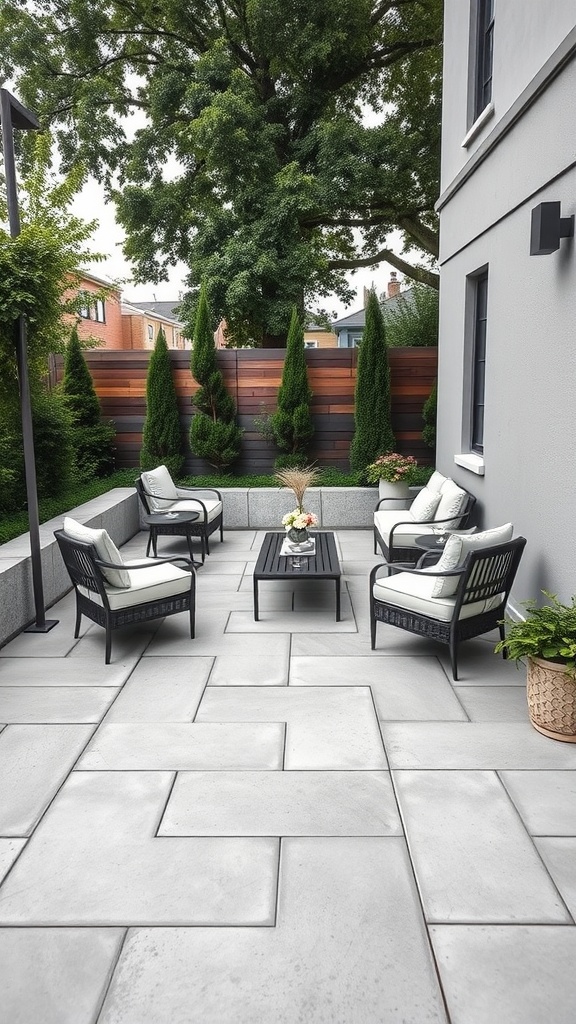 A modern patio with a grid paver layout, featuring a seating area and lush greenery.