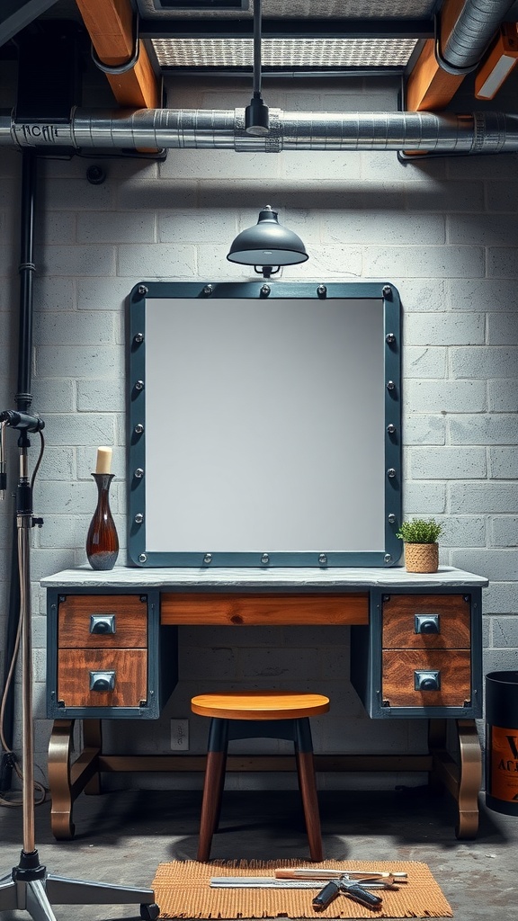 A modern industrial vanity table with metal and wood elements, featuring a large mirror, a small plant, and a decorative vase.