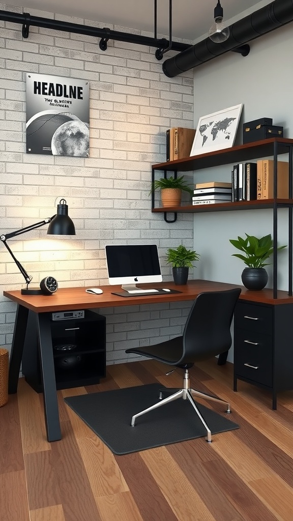 Modern industrial home office with a wooden desk, open shelves, and stylish lighting