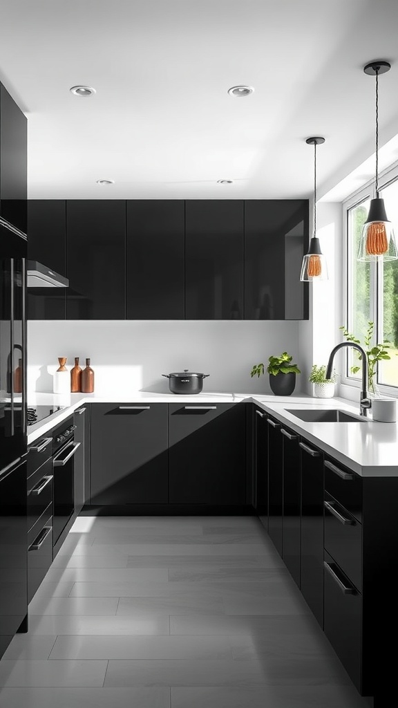 A modern kitchen with sleek black cabinets and white countertops, featuring stylish lighting and plants.
