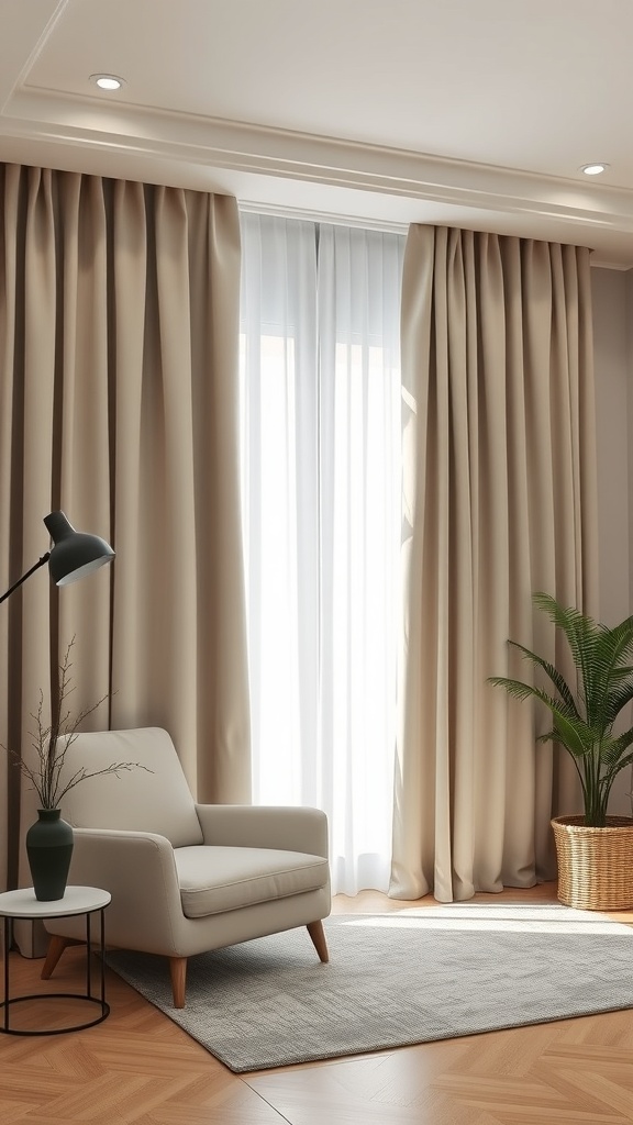 A modern living room corner with beige curtains, a cozy chair, a side table, and a plant.