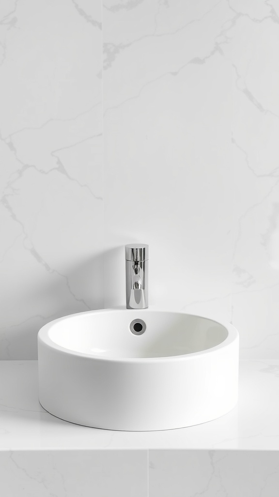 A modern minimalist round bathroom sink against a marble wall.