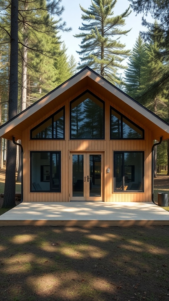 A modern minimalist cabin surrounded by tall trees in a forest