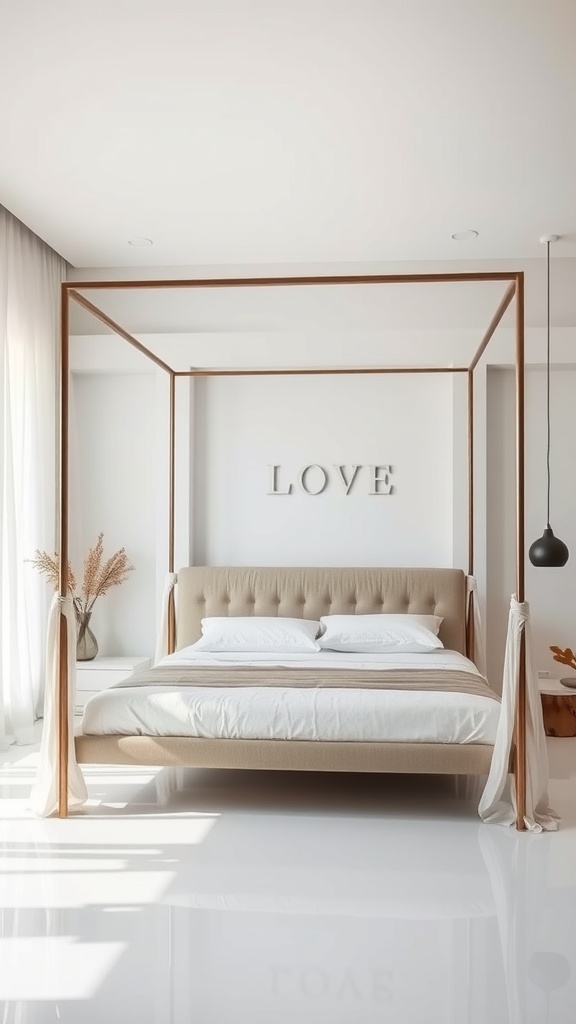 A modern minimalist canopy bed with a wooden frame and soft fabric drapes, featuring the word 'LOVE' on the wall.