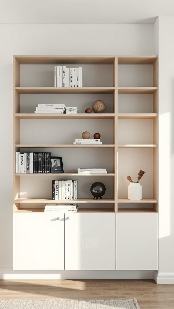 A modern minimalist corner bookshelf featuring wooden shelves with white cabinet doors, displaying books and decorative objects.