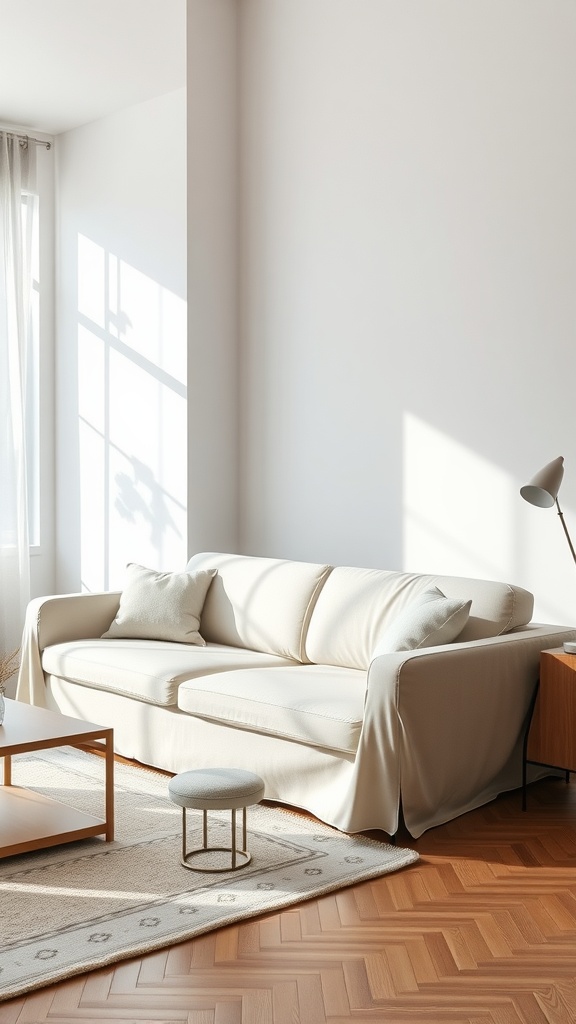 A minimalist living room with a light-colored couch covered in a simple slipcover, complemented by plush pillows and a small coffee table.