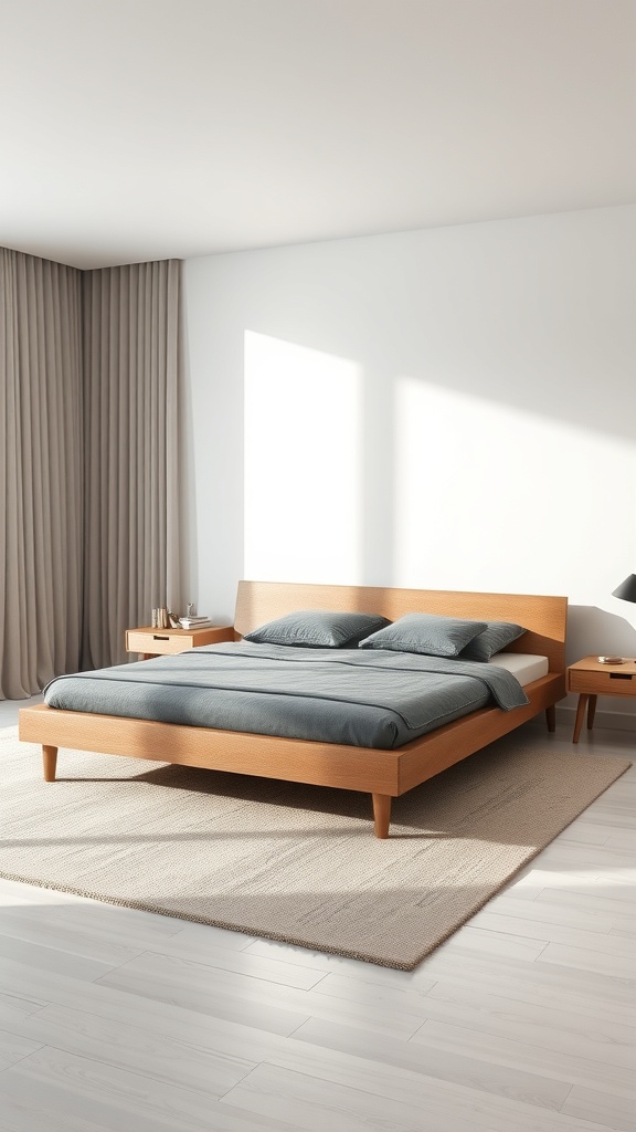 A modern minimalist bedroom featuring a light wood bed frame, gray bedding, and simple nightstands.