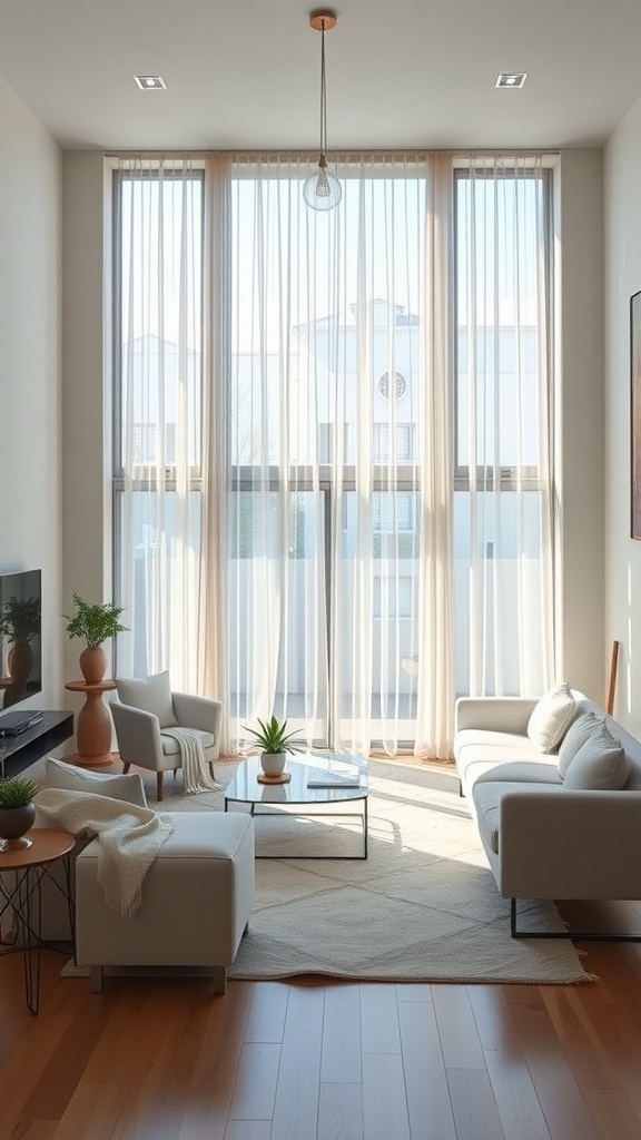 A modern living room with large windows and sheer cafe curtains, featuring minimalist furniture and plants.