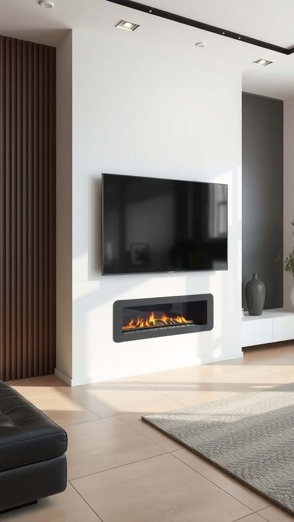 A modern living room featuring a minimalist fireplace integrated with a TV, showcasing a sleek and uncluttered design.