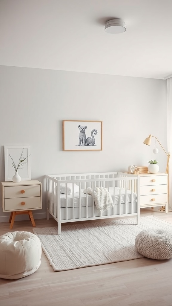 A modern minimalist nursery featuring a crib, stylish furniture, and playful dog art on the wall.