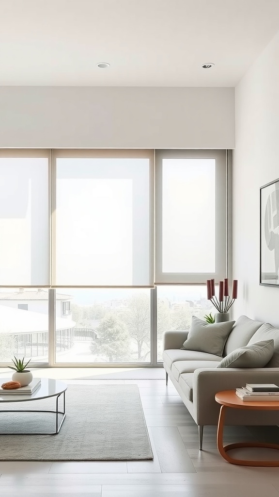 A modern living room featuring roller blinds, a sofa, a coffee table, and decorative plants.