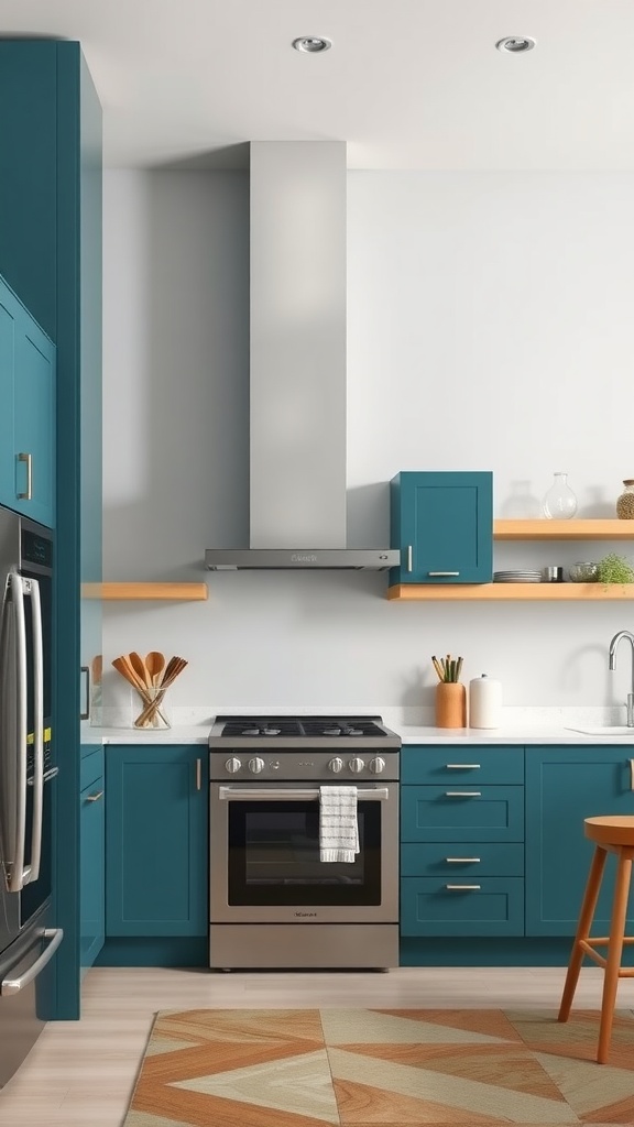 A modern kitchen with teal cabinets and light gray walls, featuring stainless steel appliances and wooden shelves.
