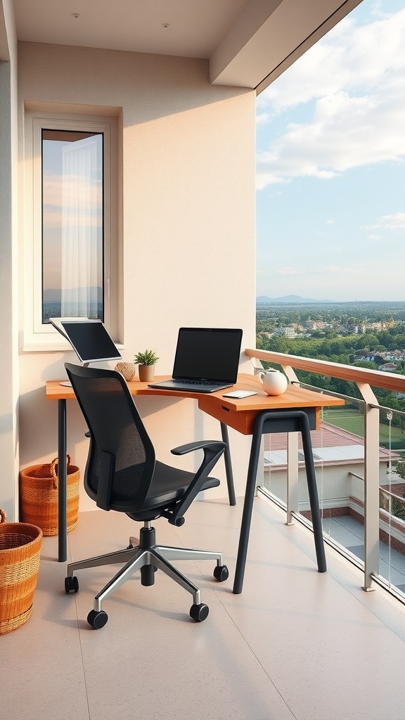 A modern workspace on a balcony featuring a desk, chair, and laptop, with a view outside.