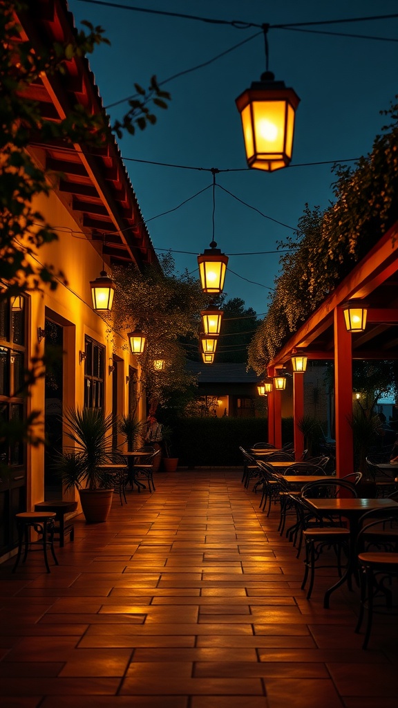 A warmly lit terrace with hanging lanterns, creating a cozy atmosphere at night.