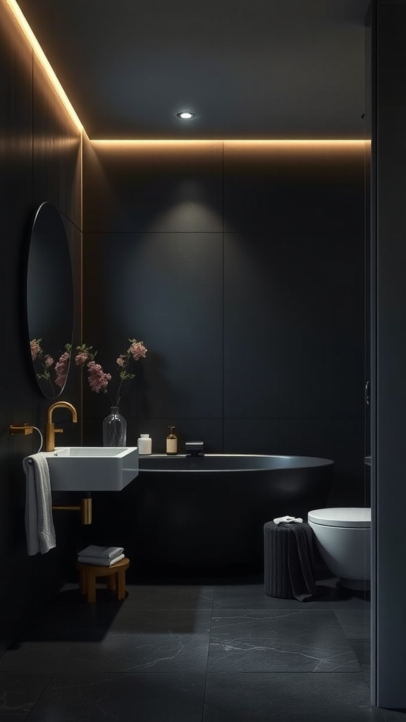 A modern bathroom with moody black walls, featuring a black bathtub, sleek fixtures, and soft lighting.