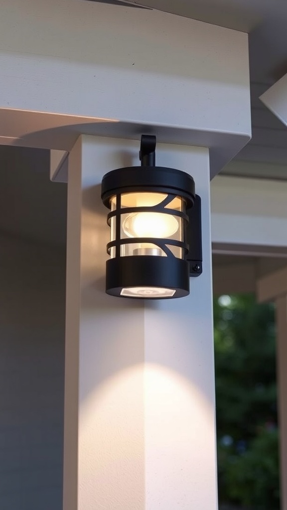 A motion sensor light mounted by a door illuminating the porch at night.