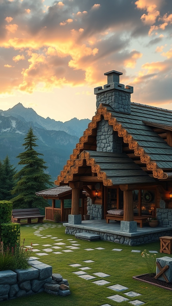 A beautiful mountain cabin made of stone and wood with a sloped roof, surrounded by trees and mountains.