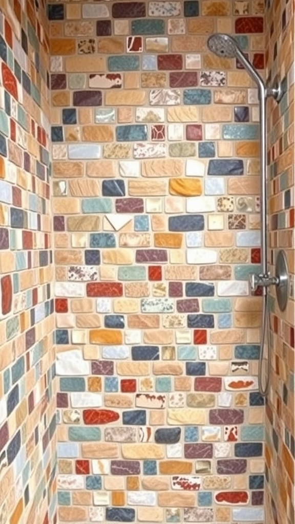 A vibrant shower wall featuring multi-colored mosaic stones.