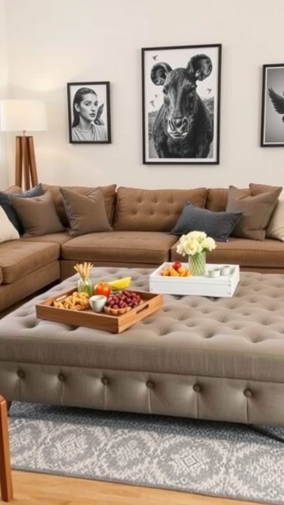 A cozy living room featuring a tufted ottoman coffee table with a tray of snacks, surrounded by a sectional couch and framed wall art.