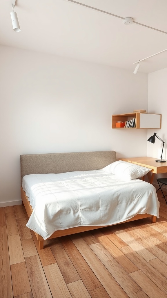 A small bedroom featuring a daybed, desk, and shelves, showcasing multi-functional furniture solutions.