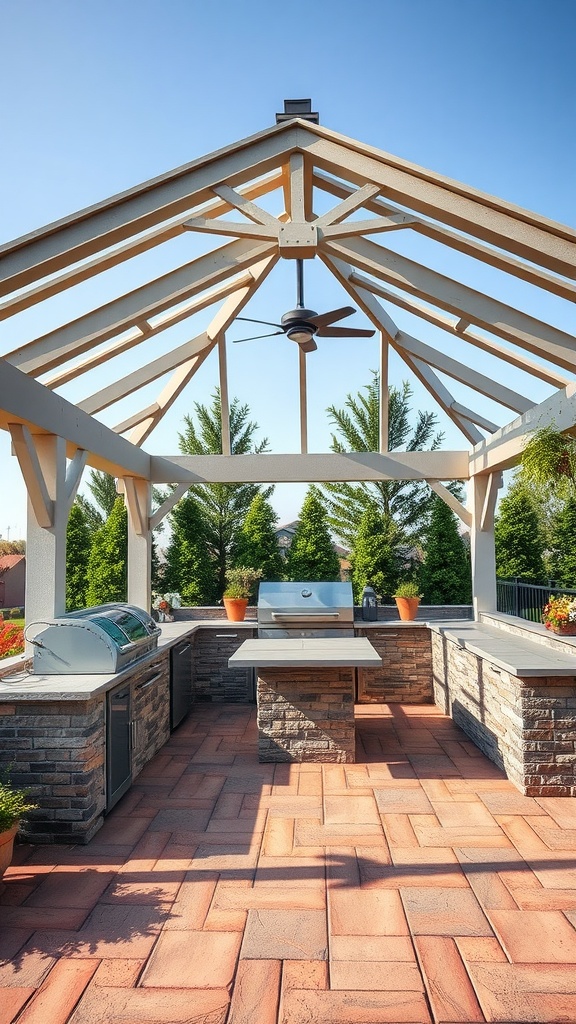 A multi-functional outdoor gazebo with a grill, counter space, and a ceiling fan.