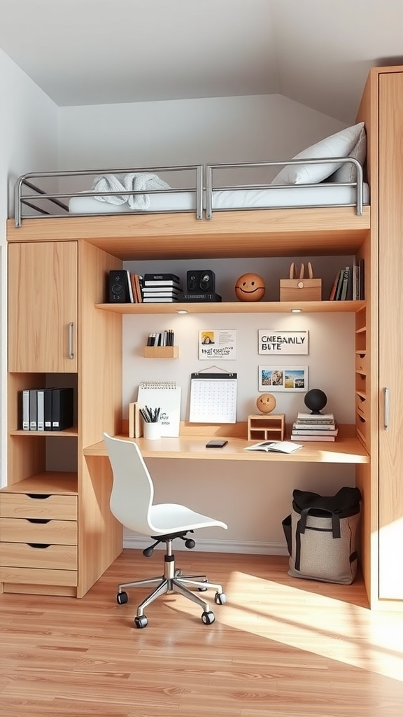 A room featuring built-in bunk beds and a desk area, showcasing a warm wooden design with storage options.