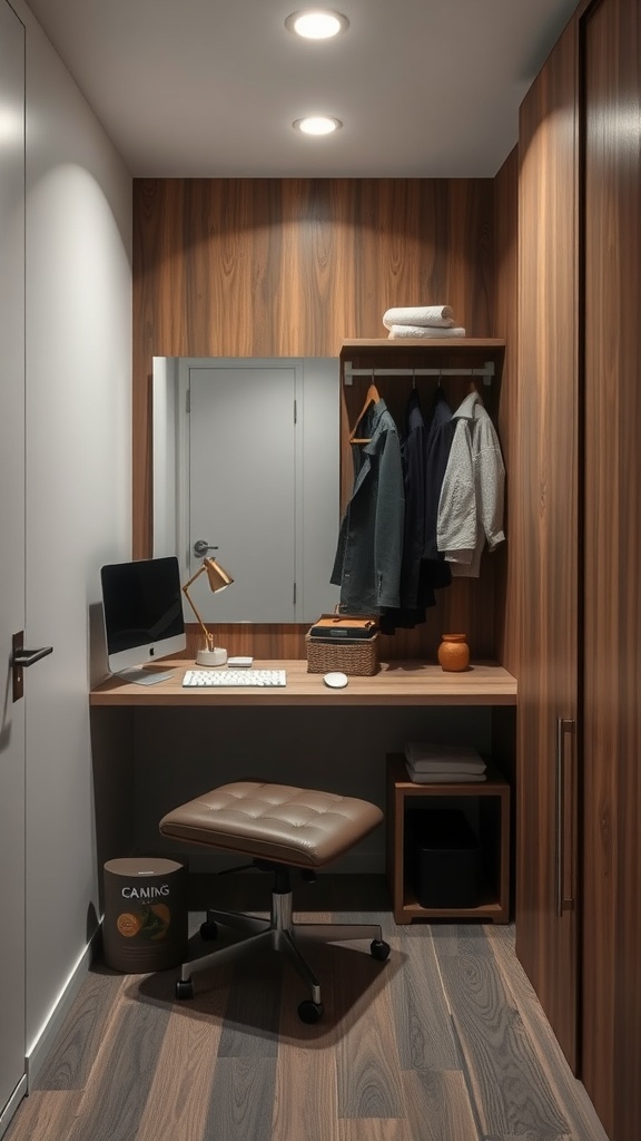A small dressing room featuring a desk, computer, storage shelves, and hanging space.