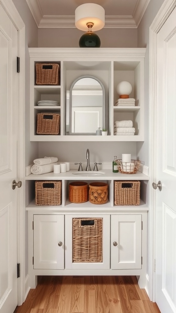 A stylish multi-functional vanity with storage, featuring open shelves and woven baskets.