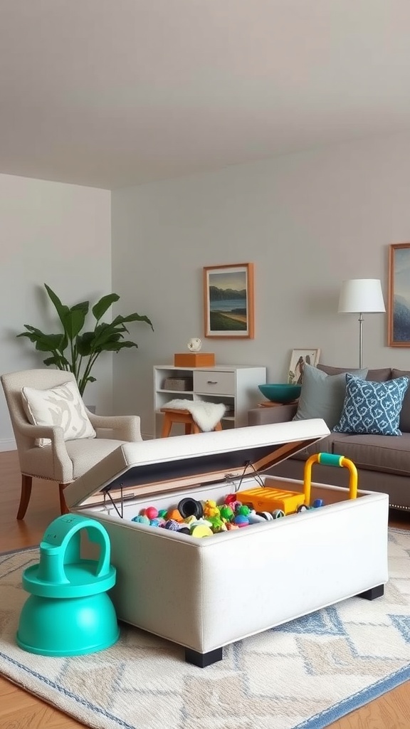 A living room with a storage ottoman filled with colorful toys and a green stool.