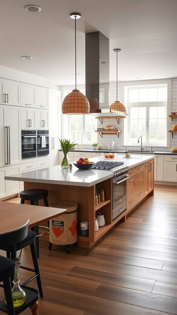 A modern kitchen with a multifunctional island featuring a stove, open shelves, and stylish seating.