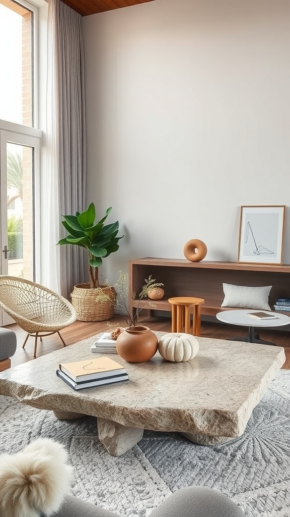 A cozy living room featuring a natural stone coffee table with decorative items, surrounded by soft furnishings and plants.