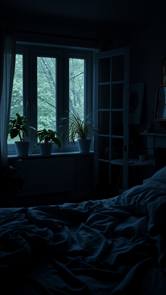 A dark cozy bedroom featuring plants on the windowsill and soft bedding