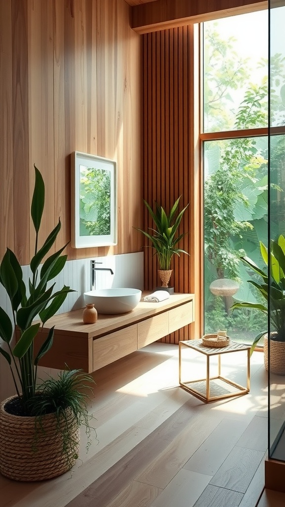 A modern bathroom featuring wooden walls and tall green plants by large windows.