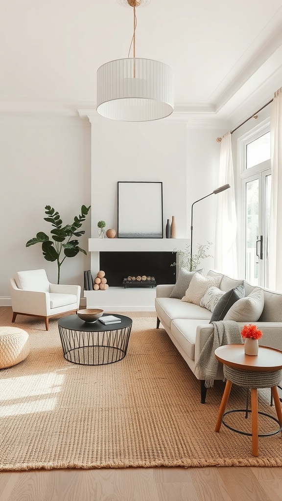 A neutral living room featuring a natural fiber rug, modern furniture, and plants.