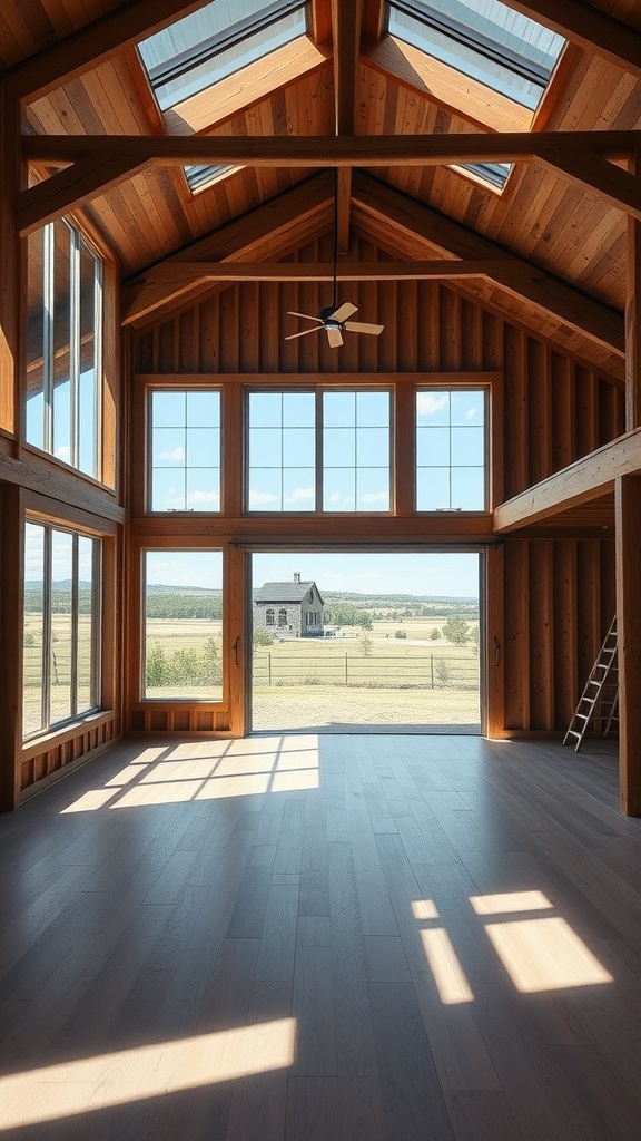 Interior of a modern barn house with large windows and skylights, showcasing natural light and wooden accents.