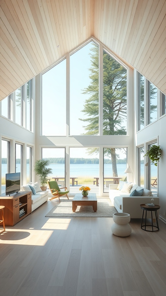 Bright and airy lake house living room with large windows, wooden ceiling, and natural decor.