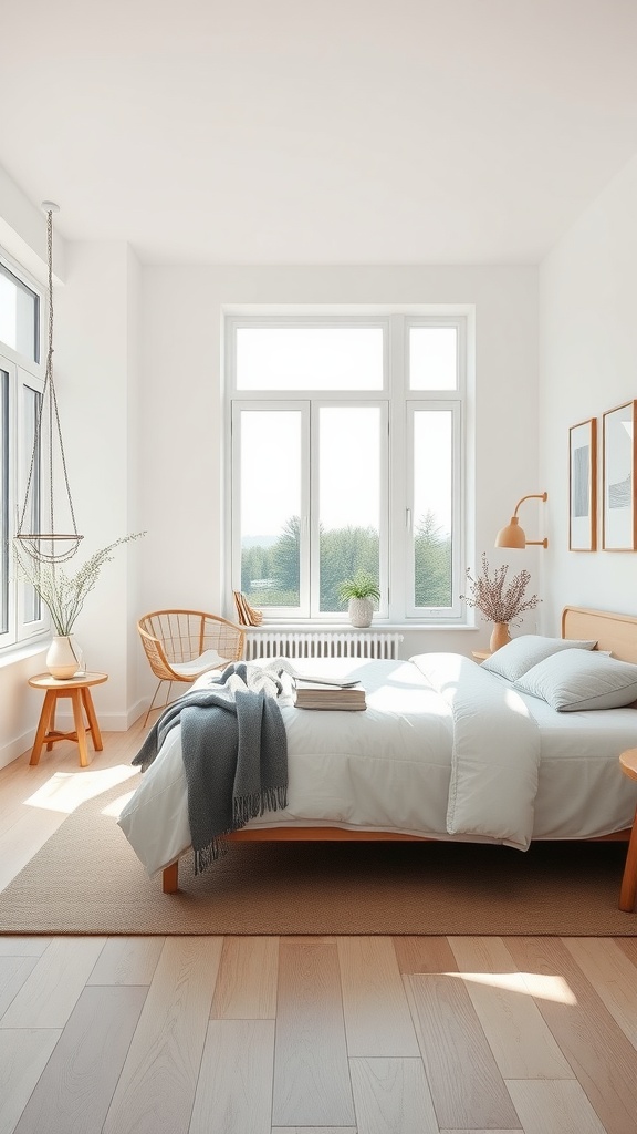 Scandinavian bedroom with large windows, natural light, wooden furniture, and minimalist decor.