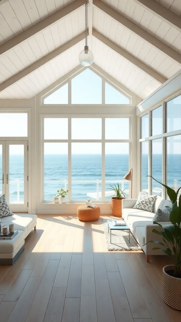 Bright beach house interior with large windows overlooking the ocean, featuring light-colored furniture and plants.