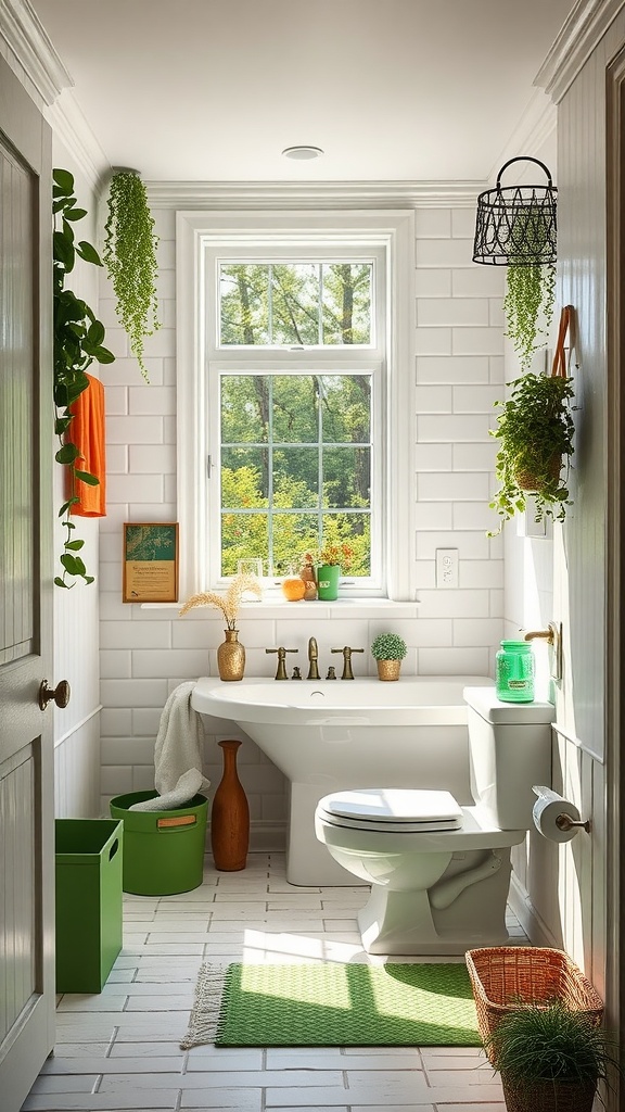 A bright bathroom featuring a large window with natural light, decorated with green plants and accents.