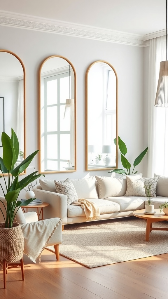 Bright living room with three mirrors reflecting light, cozy sofa, and plants