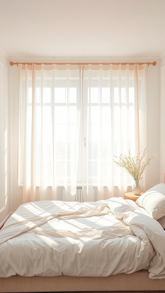 Bright bedroom with sheer curtains allowing natural light in