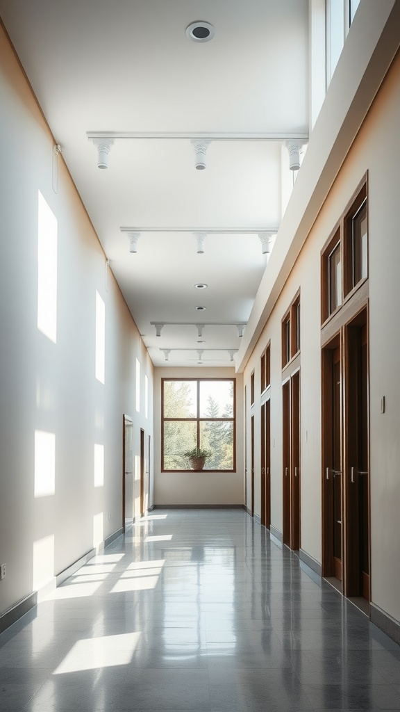 A well-lit hallway featuring large windows and polished floors.