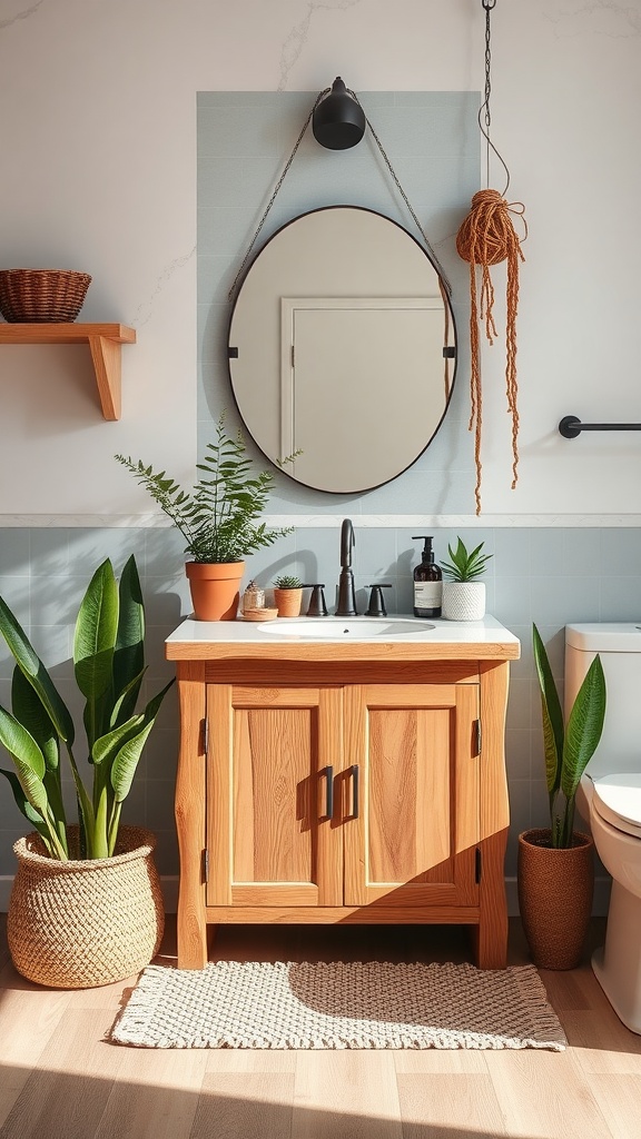 A small vanity area featuring a wooden vanity, plants, and natural material accents.