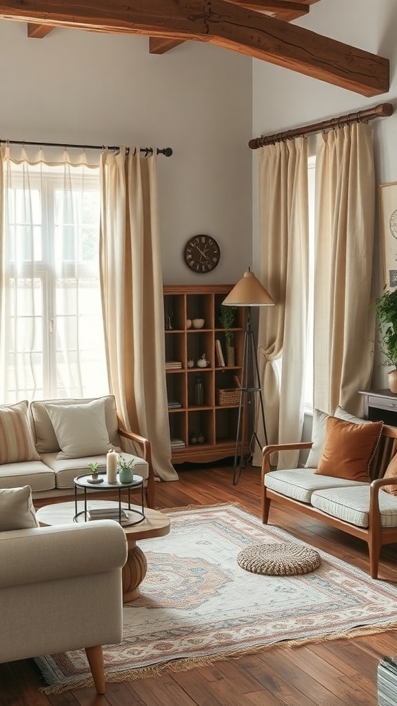 A cozy living room featuring natural materials, soft curtains, wooden furniture, and a warm color palette.