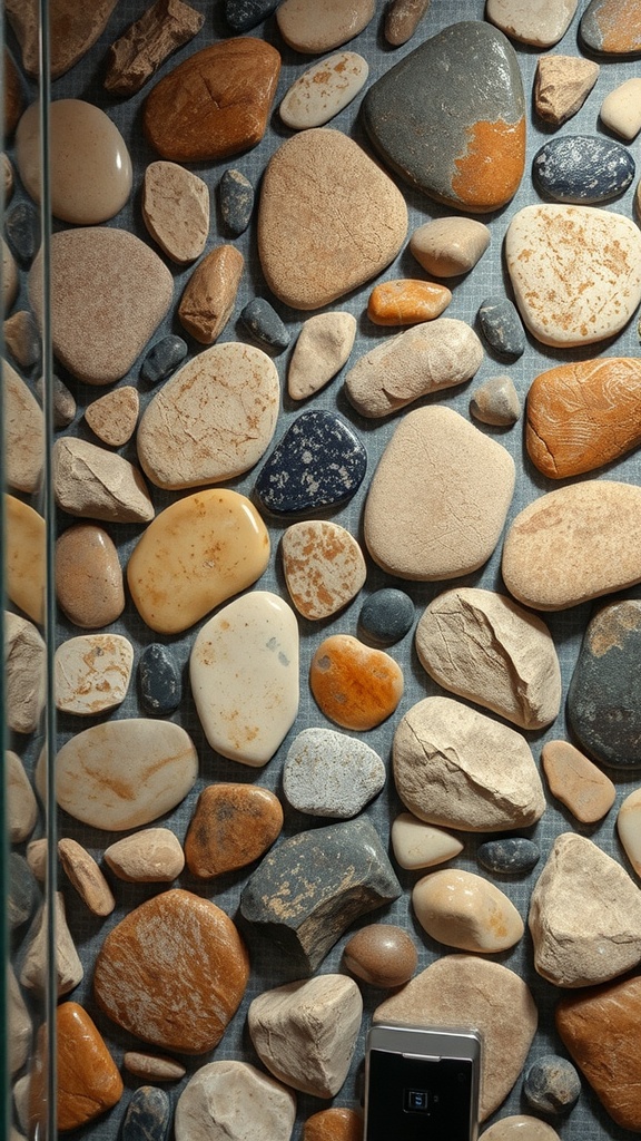 A close-up view of a wall decorated with various natural river stones in different colors and sizes.