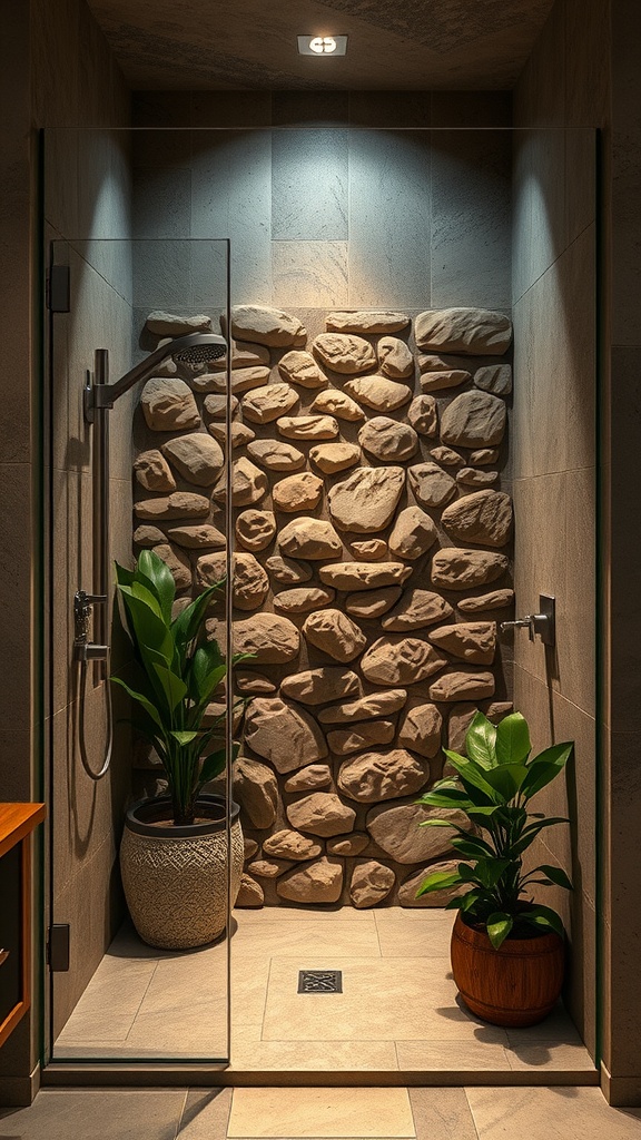 Rustic walk-in shower with a natural stone accent wall and plants
