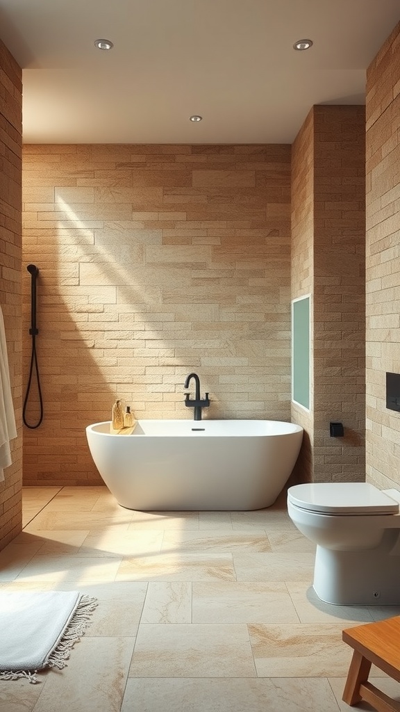 A rustic bathroom with natural stone walls and floors, featuring a freestanding bathtub and modern fixtures.